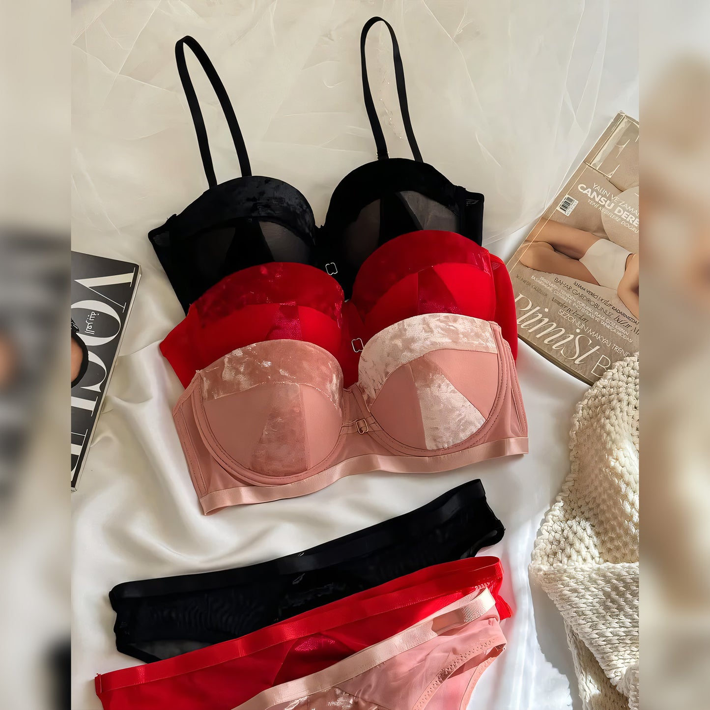 Velvet Half Cup Bra Set - Undeora